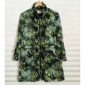 Joseph Ribkoff Women Green Swimsuit Cover Up Full Zip Tab Sleeve Mesh Leaf